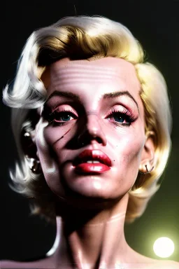 Ultra Realistic image, portrait, blonde woman, sweet Marylin Monroe face, perfect iris, glow eyes, makeup, wires attached to head. Mad max style, latex coat, fog, rain, soft color, highly detailed, unreal engine 5, ray tracing, RTX, lumen lighting, ultra detail, volumetric lighting, 3d, finely drawn, high definition, high resolution.