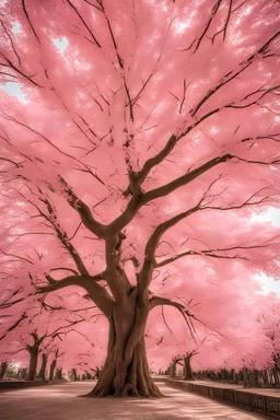 A big tree with pink leaves .
