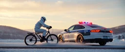 888 snow man riding a bike down hill with police car on tail
