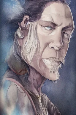 portrait, watercolour, realistic, illustration, dnd, fantasy, dwarf, ghost, ethereal, blue skin, glowy skin, see-through