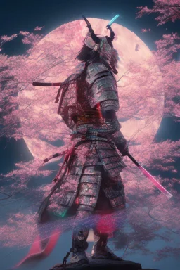 Mystical samurai emitting an aura with a long, neon sword emitting an aura