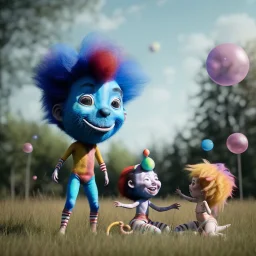 Ultra realistic circus scene. Sweet hair monster and Child’s playing, smile, happy, color bubbles, smooth color, waist up view, Wes Anderson style, dark ambient, highly detailed, concept art, unreal engine 5, god rays, ray tracing, RTX, lumen lighting, ultra detail, volumetric lighting, 3d, finely drawn, high definition, high resolution.