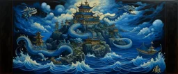 A dark blue island with a dragon palace painted by Cai Jia