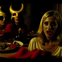 Horror movie shot, spooky, horns, devil, hot, ultra realistic, dine, they enjoy and get excited, ultra realistic hot blonde women, party, pieces of meat, organs, ail, dynamic, very excited people, hypermaximalist figures, light, 1970's Italian horror movie, sinister,, Dario Argento, Stanley Kubrik, ornate, 4k, photorealism