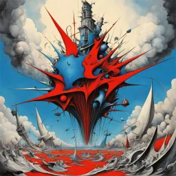 zero sum game creative destruction, asymmetrical surrealism, dramatic distressing, by Gerald Scarfe, by Yves Tanguy, color splash, splash art, red and blue dual color scheme, top down construction.