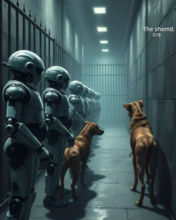 Bosch painting style, nightmare , three Ai robot prison guards with Ai robot dogs watching a human prisoners lined up in line one after another , great quality picture with cinematic scenes , prison bars the background