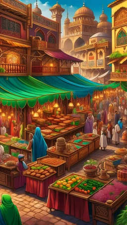 A vibrant and bustling marketplace, filled with the rich aromas of Arabic coffee, dates, and sweets. The colorful stalls and bustling crowds create a lively atmosphere, perfect for capturing in a stylistic rendering.