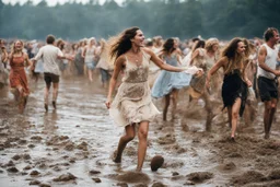 this is woodstock in the mud, people are dancing in light dress, especially women