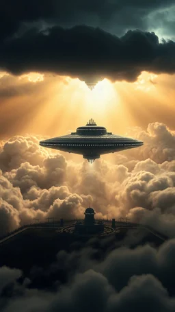 A ufo hovering above a military camp hovering above swirling clouds, emerges from the heart of a raging storm. Turbulent winds of steam swirl around the iconic structure, lit by shafts of sunlight that cast dramatic shadows on the A large UFO spacecraft hovering over the nuclear submasurrounding clouds. A storm rages and thunder lights up the dark sky,