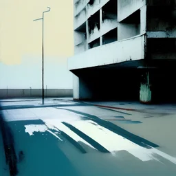 Minimal abstract oil painting in a desolate 1960s carpark concrete fragments and road markings. Broken pipes. Blurry outlines. In the style of Justin Mortimer and Francis Bacon.