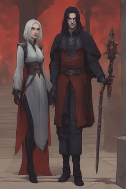 A couple, from the dnd game curse of Strahd. The woman has long white hair and blue eyes, the man has LONG BLACK hair and red eyes, no facial hair. He is standing protectively behind her.