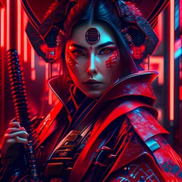 A beautiful cyberpunk samurai in a futuristic red 8K kimono