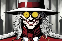 Still frame of Tom Hiddleston as Alucard from the live action "Hellsing" movie based on the anime of the same name. He is wearing his signature red hat and yellow glasses, while maniacally laughing in the moonlight.