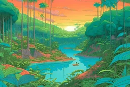 lush dense jungle, sunset, alien birds, bathing in a large leaf full with water view by moebius