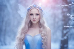 very beautiful fairy women with long hair, little smile, with cosmic silver metallic blue and pink suite and brightly earings. in the background there is a bautiful little magic forest with snow and light bluesky with stars and light beam