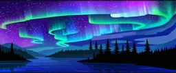 northern lights over trees and water. redraw in a whimsical hand drawn style.