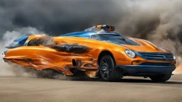 A national geographic award winning photograph of a military fighter jet station wagon wasp hybrid designed by volkswagen only one vehicle per image painted metallic orange traveling at a high rate of speed, jet intake off of front center of vehicle and jet exhaust out the rear with bright blue flame