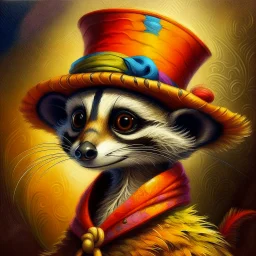 Imagine an anthropomorphic meerkat with a harlequin hat ,by Judith Leyster. in the style of August Macke, John Blanche. Modifiers: oil on canvas vibrant imperial colors hyperrealistic ultra detailed crisp quality whimsical muted colors Decadent 64K, UHD, HDR, HQ anthropomorphic face dark, gloomy, mysterious ©Miwi metallic bronze accents