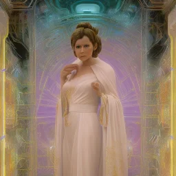 hyperspace background, complete and photo realistic detailed head to waist stunning photo realistic portrait of carrie fisher as Princess Leia in star wars with photo realistic hairstyle by Mandy Jurgens and mucha and Richard Schmid and chuck close and chie yoshii, extraordinary and detailed ceremony dress of star wars,brown eyes