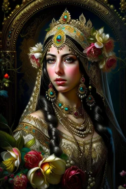 Beautiful facee Arabian Princess front wiev portrait, adorned with giant Jasmine, and lily flower ,roses , golden pearls , zafir gemstone headress, wearing floral, lace, pearls, zafirs ornate Iranian costume, organic bio spinal ribbed detail of Iranian style full jasmin and rose and persian garden background by the moonlight extremely detailed hyperrealistic maximalist portrait art 256K