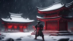 Hyper Realistic muscular-samurai training outside a Dark-Abandoned-Red-Colored-detailed-crafted-Chinese-Temple Almost Covered in Snow at dark-snowfall-night