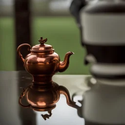 The reflection of a child on the surface of an old copper teapot