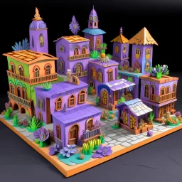 A light purple Day of the Dead themed town designed in Mexican folk art painted by Zosan