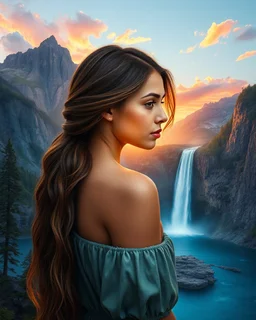 beautiful girl, back painted with mountains and waterfalls, sunset, 4k resolution, max detail, professional, surrealism