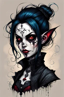create a highly ethereal, darkly magical full body portrait illustration of a malevolent goth vampire girl , with highly detailed and deeply cut facial features, in the the style of JEAN-BAPTISTE MONGE, searing lines and forceful strokes, precisely drawn, boldly inked, with vibrant colors