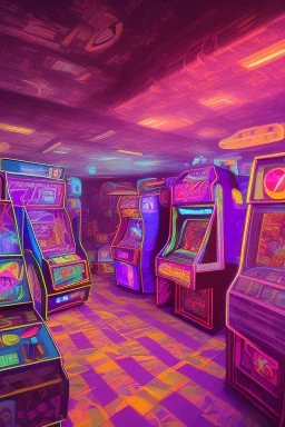 A dark photo an 80's aesthetics arcade at night, with a lot of functioning arcade machines, a vaporwave floor and some colorful tiles in between the floor. Purple Themed, purple aesthetics.