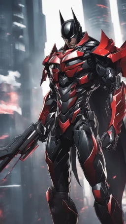 A close picture to Mix between symbiote and machine and batman in transformers cyborg with black metal and red details armor in solo leveling shadow art style with red details detailsis in fantasy world