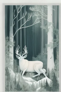 in a cosy vintage style, a white stag sleeps in a forest