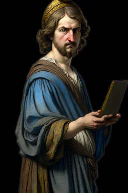 Modern guy, 20s, holding ipad, hand lower, looks like a renaissance painting, facing forward