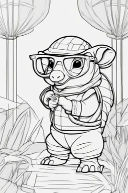 Outline art for cute coloring pages with armadillo with glasses, full body, white background, sketch style, only use outline, clean line art, no shadows and clear and well outlined.