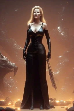 Kim Basinger in black leather gown, evil,energetic, villain, busty, cleavage, curvy, angry, happy, stern look. character design by cory loftis, fenghua zhong, ryohei hase, ismail inceoglu and ruan jia. unreal engine 5, artistic lighting, highly detailed, photorealistic, fantasy