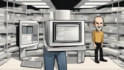 An image inspired by Steve Jobs' innovative spirit shows him standing next to the iconic iMac computer. Jobs appears in the image with a confident smile, casting a look full of optimism towards the future. The image showcases his dedication to achieving innovative technology and sleek design, captivating viewers' attention and encouraging them to explore more details about Steve Jobs' pioneering persona and his legacy in the world of technology and innovation.
