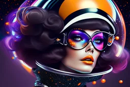 60s era fashion model with stars and planets in her hair, floating in black ink, vibrant colors, googles, helmet, spacesuit, full body fashion, big hair, hyperrealistic, 4k, light gray eyes, four eyes –v4