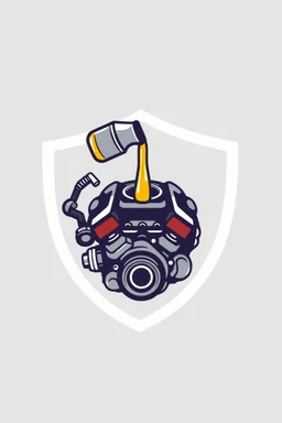 inside a shield shape, a car engine icon with an oil bottle above pouring oil into the engine, vector illustration