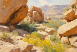 Sunny day, rocks, big rocks, vegetations, distant mountains, sci-fi, konstantin korovin, and willem maris paintings