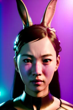 MCU Portrait, Front image, cyberpunk Asian woman, rabbit mask, black pink color, latex dress, highly detailed, concept art, smooth, unreal engine 5, god rays, ray tracing, RTX, lumen lighting, ultra detail, volumetric lighting, 3d, finely drawn, high definition, high resolution.