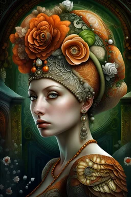 Beautiful humanoid lady wearing lace patterned snail portrait, with extremely textured house adorned with lace beads, black diamonds and leaves orange, green beige. Brown ginger leaves white flowers bioluminescense water drops Organik bio spinal ribbed detail of rococo ornate full floral creative background extremely detailed hyperrealistic maximálist concept art