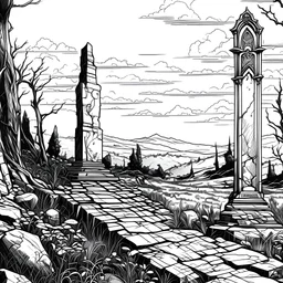 line art , scary landscape tombstone , white background, ,detailed. AESTHETIC, different view, black lines