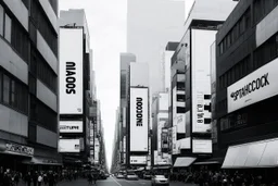 greyscale cityscape upshot, minimalism, many large white billboards populate the city with black block lettering with single word: "BIOMORPH" || "CB" || "SPATCHCOCK" || "TANGUY", || "SURREAL". || 'They Live' movie still, city panoramic, concept art, subliminal messaging