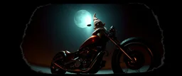 style John Atkinson Grimshaw,3d airbrush render, cut out darkling slender gnome on huge chopper bike with bright aura , pinhole cam, airbrush 3d rendering, torn edges on border