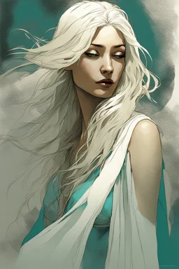 An Enigmatic Woman, Waist-Up View, Back Adorned With Translucent Fabric, Skin Touched With Teal Shimmer, Ethereal Light Glowing, Long White Hair Cascading To Her Shoulders, Artwork By Gracious Face, Charming Eyes, Alex Maleev, Intricate Details, Backlit