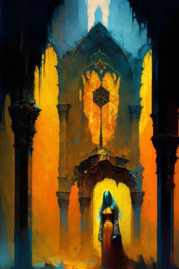 Decrepit ruined church with beautiful priestess holding a golden blood chalice in front of broken stained glass in orange smoke beksinski