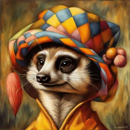 Imagine an anthropomorphic meerkat with a harlequin hat ,by Judith Leyster. in the style of August Macke, John Blanche. Modifiers: oil on canvas vibrant imperial colors hyperrealistic ultra detailed crisp quality whimsical muted colors Decadent 64K, UHD, HDR, HQ anthropomorphic face dark, gloomy, mysterious ©Miwi metallic bronze accents