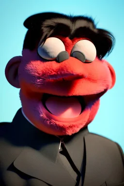 Waist up muppet Portrait, Kim Jong-un as muppet doll, black suit, photo studio, red background, unreal engine 5, concept art, art station, god lights, ray tracing, RTX, lumen lighting, ultra detail, volumetric lighting, 3d.