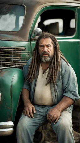 photography of a dirty burly chubby gipsy manly man serious repairing a car, , 48 years old, beefy, ugly , dreadlocks, sweat, with completely broken cotton pants, bulge, beard , angry eyes, bare-chested, huge belly, in industrial area, photorealistic, side light, view angle from low , ambient occlusion