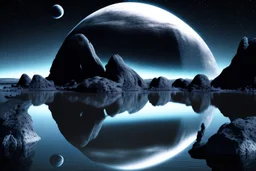 Grey Exoplanet in the hotizon, rocks, Night, lagoon reflection, sci-fi, epic